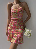 Floral Print Hip Strap Dress -Guocali