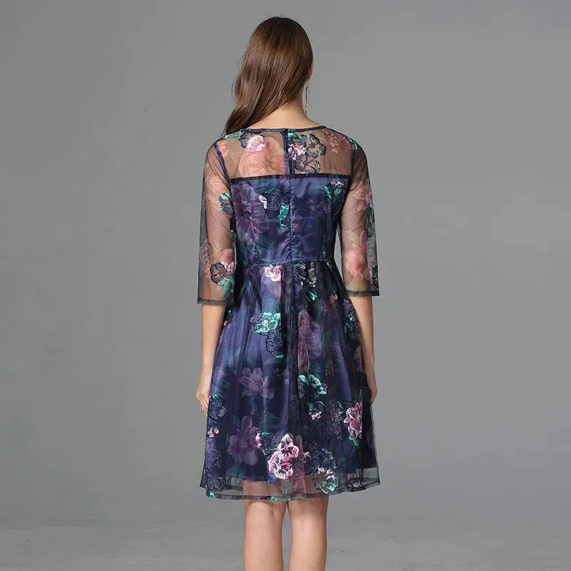 Floral Three-Quarter Sleeved Lace Dress -Guocali