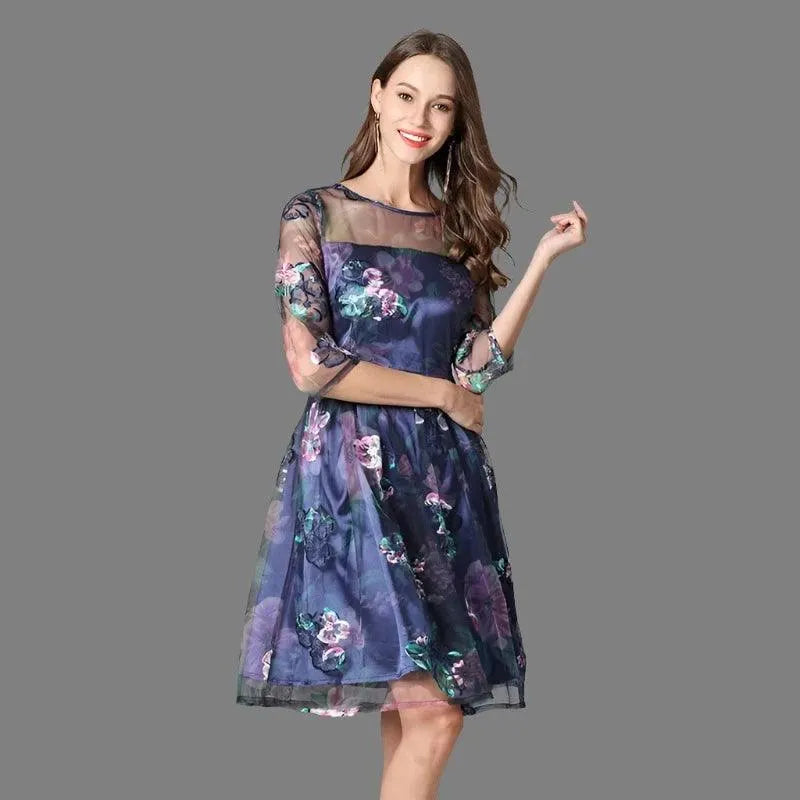 Floral Three-Quarter Sleeved Lace Dress -Guocali