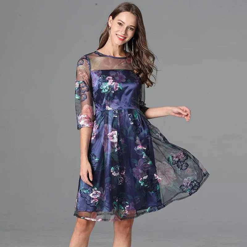 Floral Three-Quarter Sleeved Lace Dress -Guocali