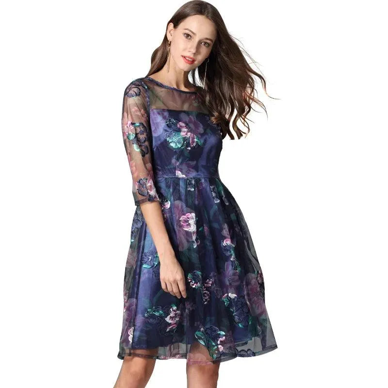Floral Three-Quarter Sleeved Lace Dress -Guocali
