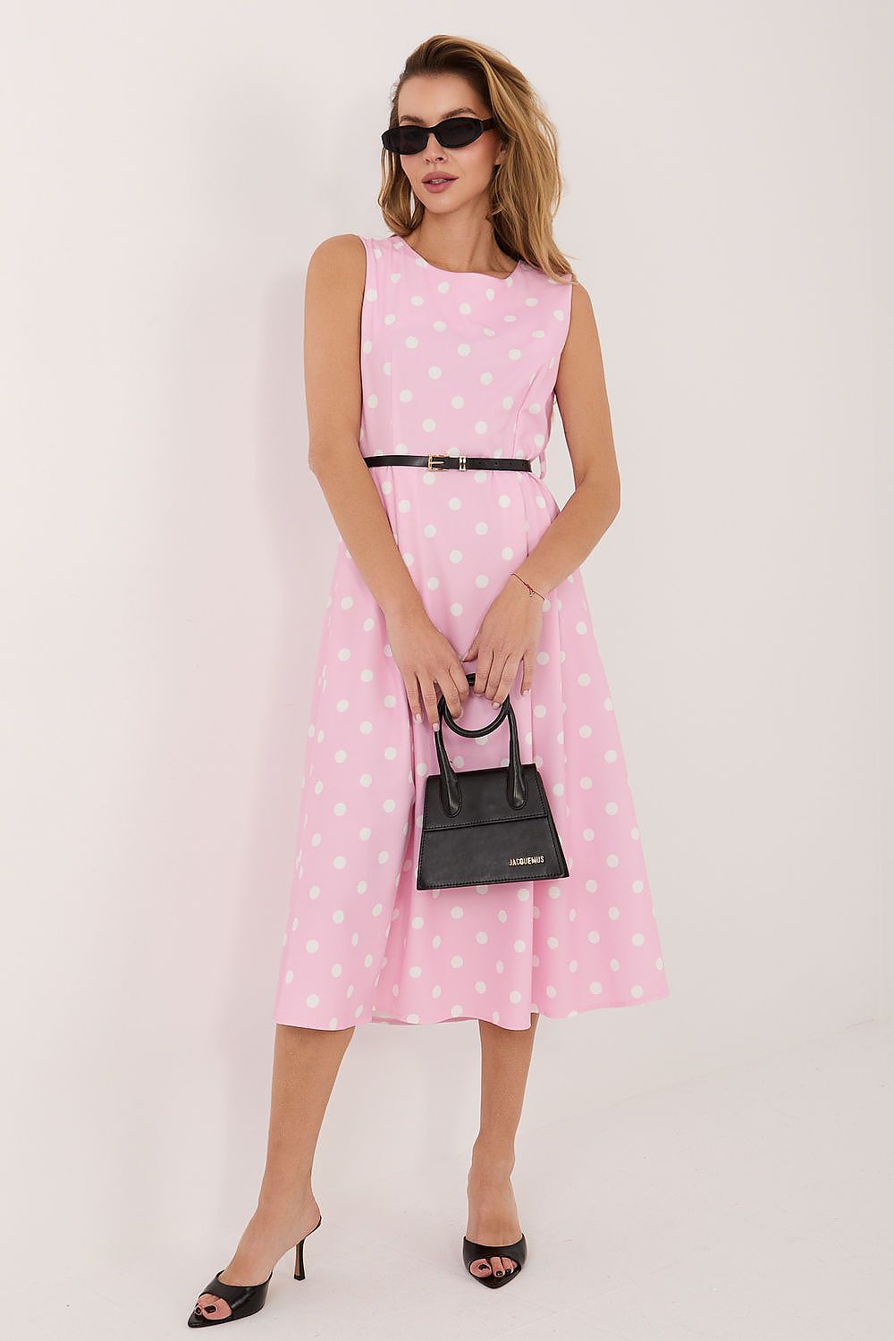 Formal Midi Dress – Round Neck, A-Line, Polka Dots, Pink – Daydress | GUOCALI