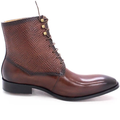 Brown leather ankle boot with textured upper and lace-up front on white background