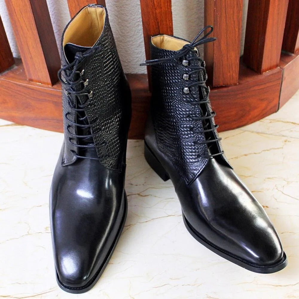 Men's black Franklin leather ankle boots with textured pattern and lace-up design on marble floor