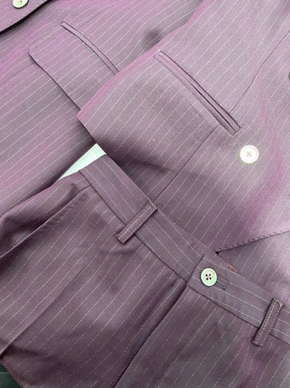 Fuchsia Striped Worsted Pant Suit, Slim Three-Piece Women Suit, Business Formal -Guocali
