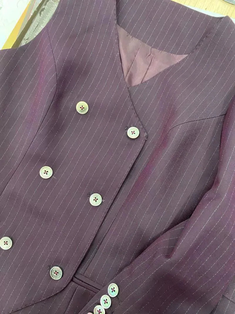 Fuchsia Striped Worsted Pant Suit, Slim Three-Piece Women Suit, Business Formal -Guocali