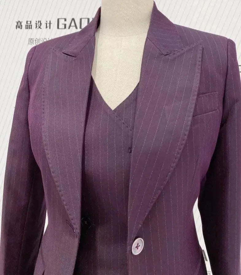 Fuchsia Striped Worsted Pant Suit, Slim Three-Piece Women Suit, Business Formal -Guocali