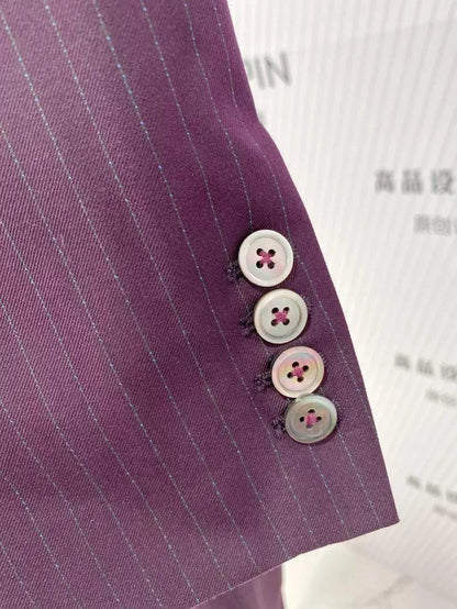 Fuchsia Striped Worsted Pant Suit, Slim Three-Piece Women Suit, Business Formal -Guocali