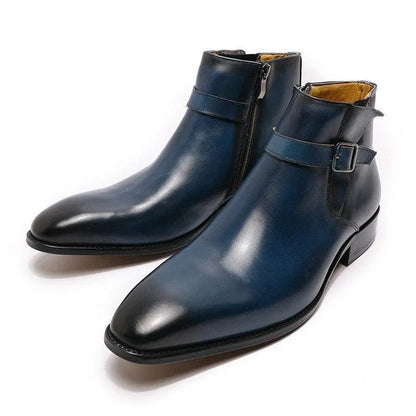 Men's blue leather ankle boots with side zipper and buckle on white background