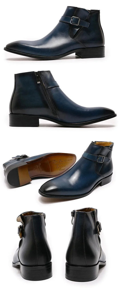 Godfrey blue leather ankle boots with buckle and zipper, formal men's footwear