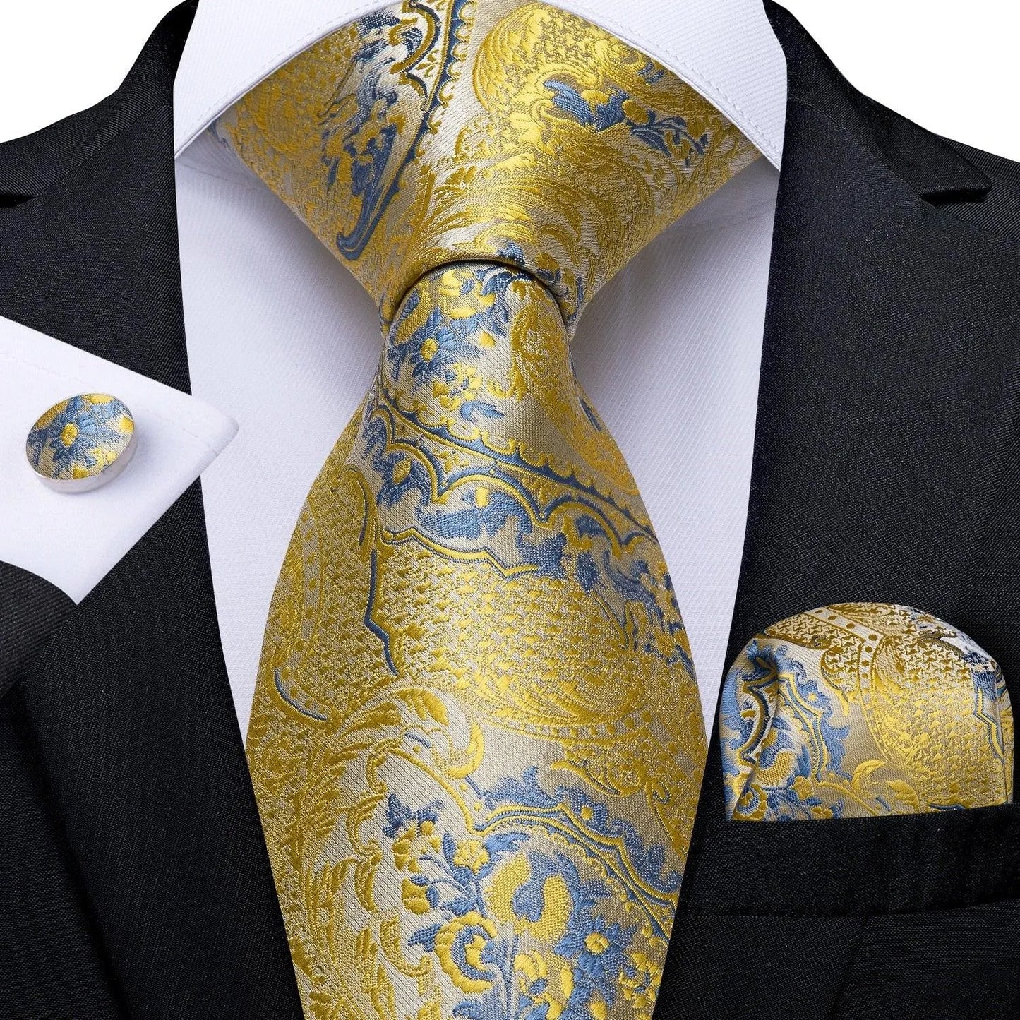 Gold Blue Paisley Necktie Set -Guocali