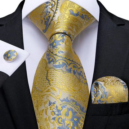 Gold Blue Paisley Necktie Set -Guocali