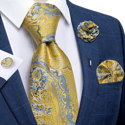 Gold Blue Paisley Necktie Set -Guocali