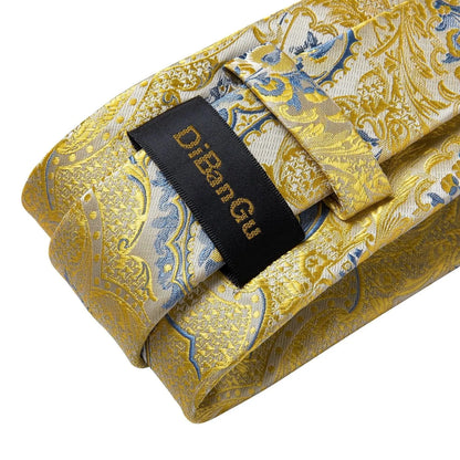 Gold Blue Paisley Necktie Set -Guocali