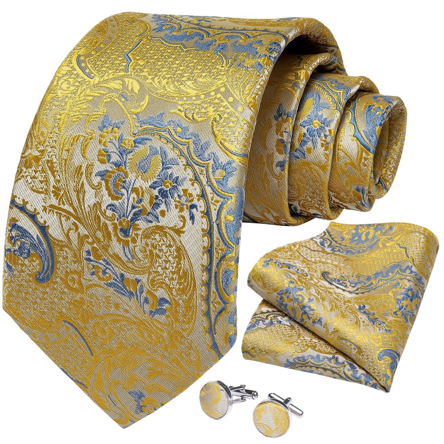 Gold Blue Paisley Necktie Set - Necktie - Guocali