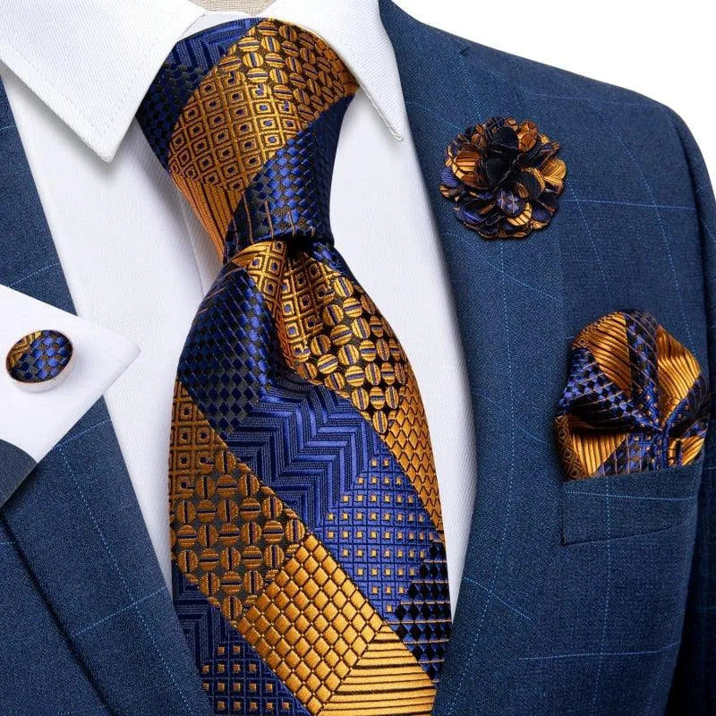 Gold Blue Striped Silk Necktie Set -Guocali