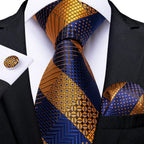 Gold Blue Striped Silk Necktie Set -Guocali