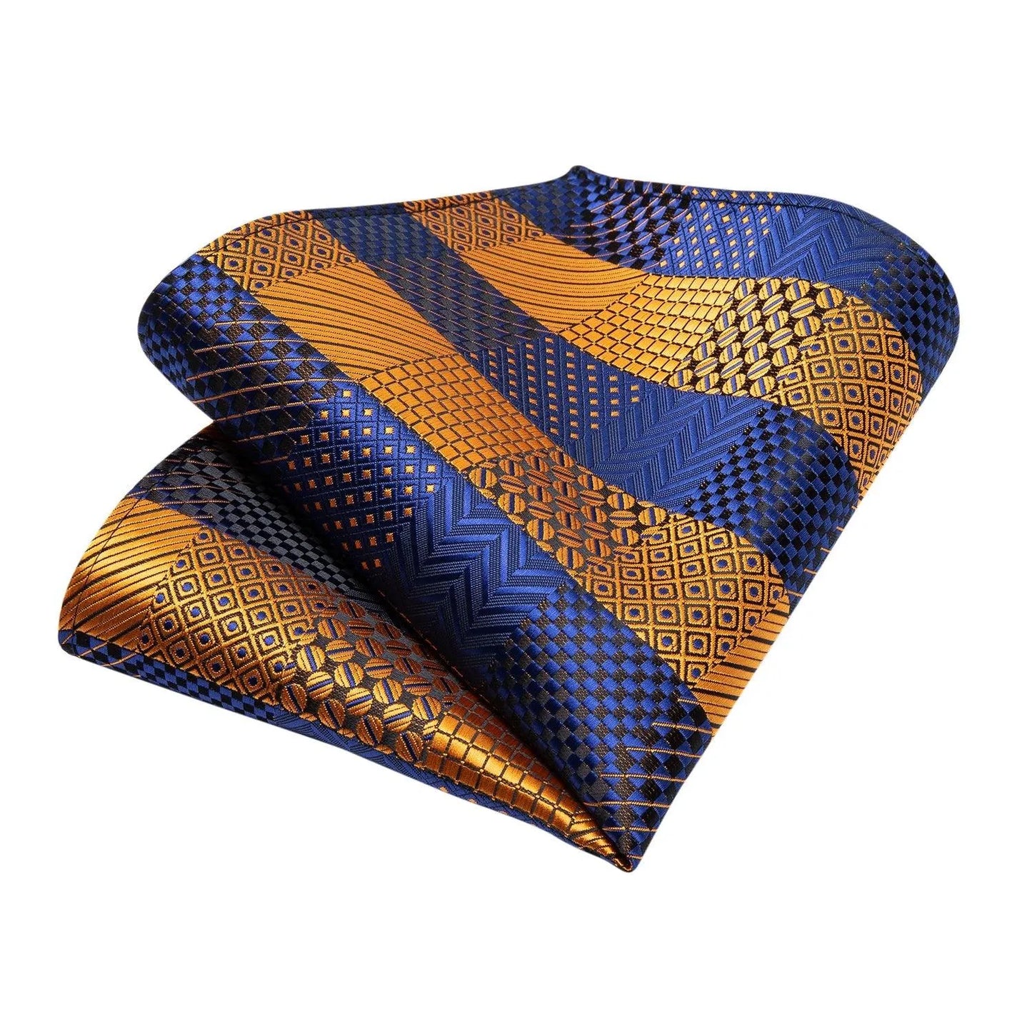 Gold Blue Striped Silk Necktie Set -Guocali