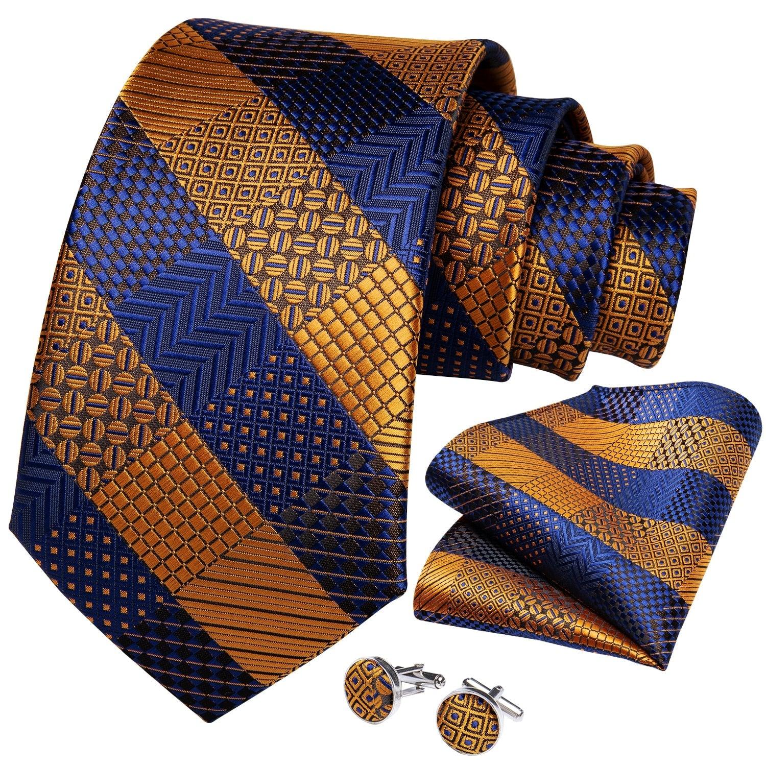 Gold Blue Striped Silk Necktie Set - Necktie - Guocali