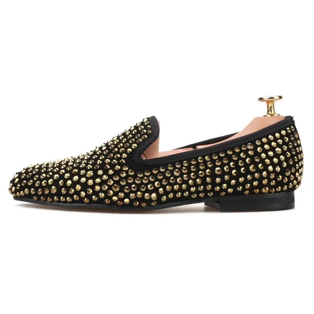 Gold Crystal Suede Loafer Shoes for Women -Guocali