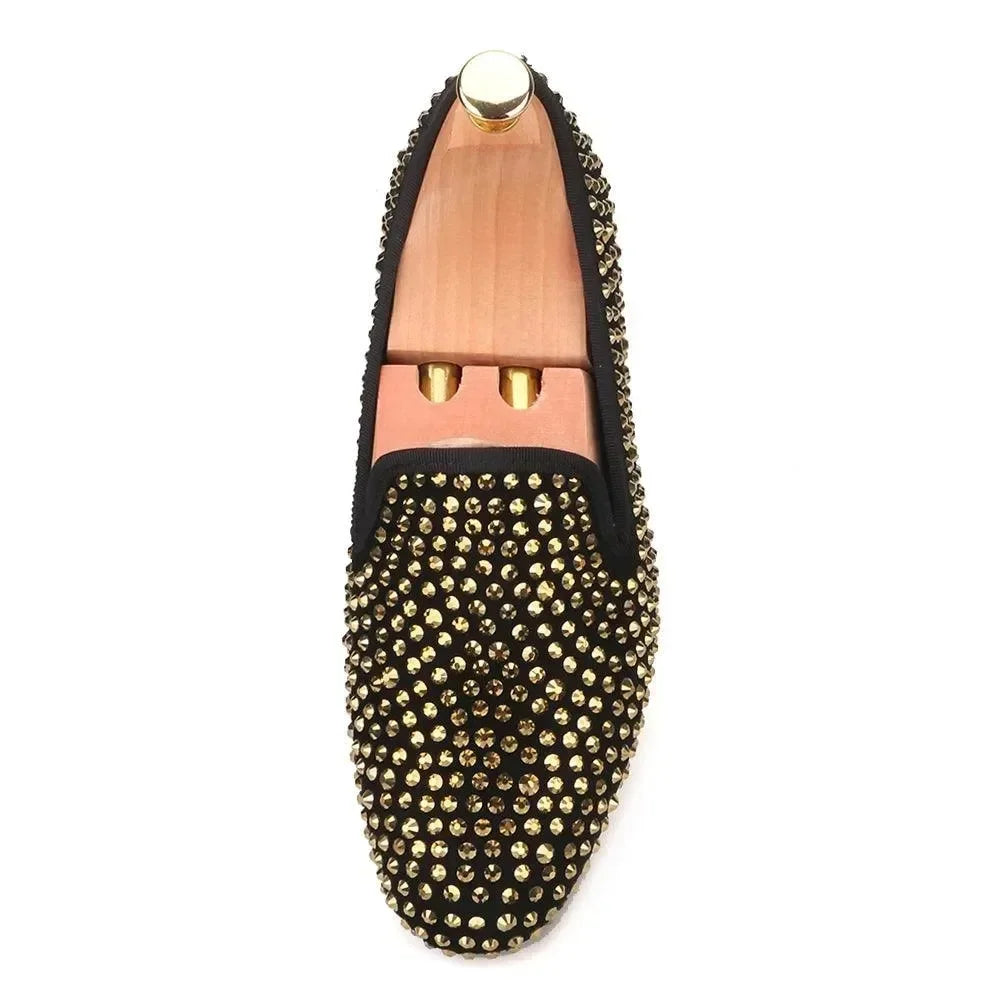 Gold Crystal Suede Loafer Shoes for Women -Guocali