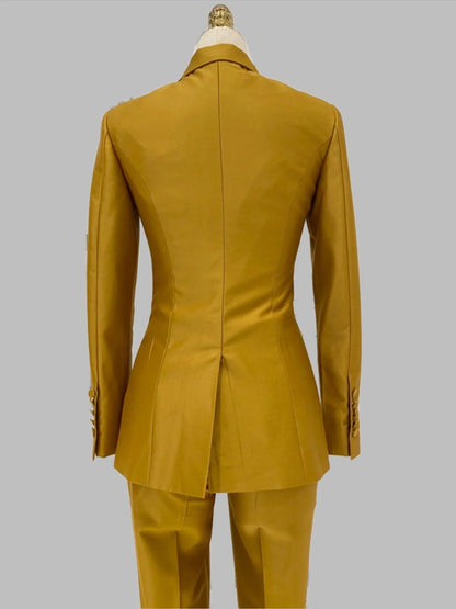 Golden Yellow Two-Piece Suit, Flared Pant Suit -Guocali