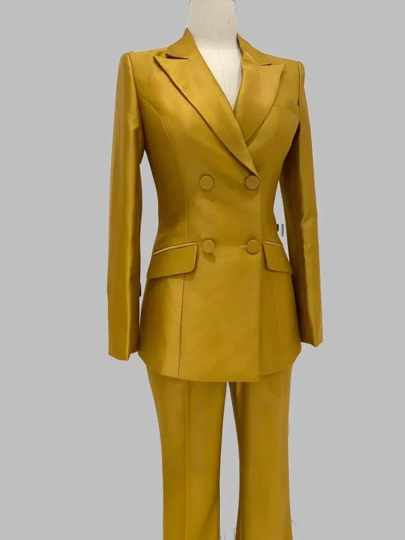 Golden Yellow Two-Piece Suit, Flared Pant Suit -Guocali