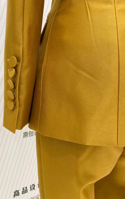 Golden Yellow Two-Piece Suit, Flared Pant Suit -Guocali