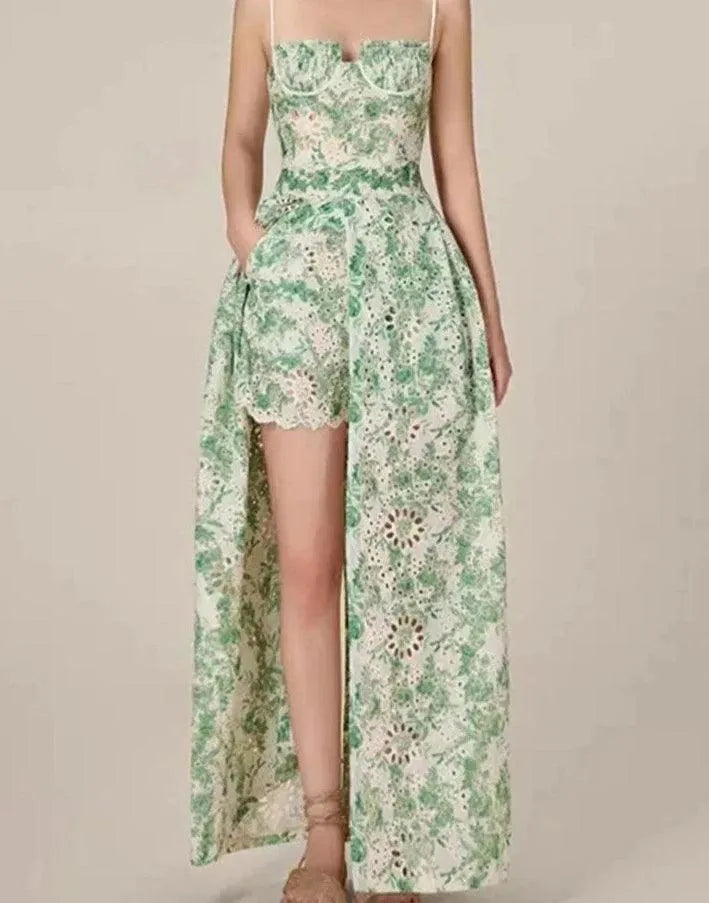 Green Embroidered Suspended Dress-Short Outfit Set -Guocali