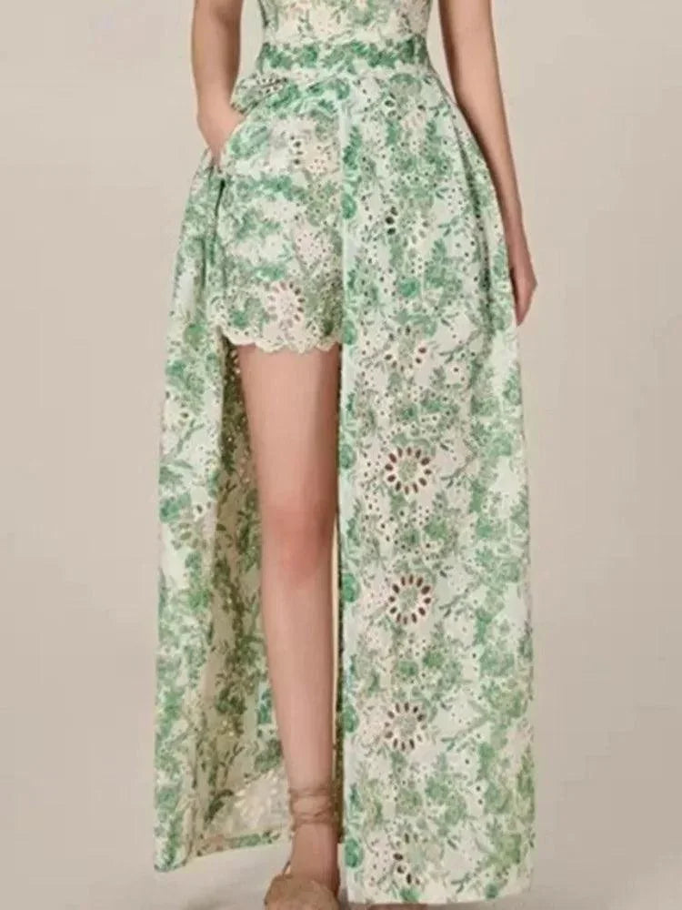 Green Embroidered Suspended Dress-Short Outfit Set -Guocali