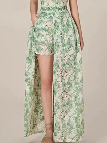 Green Embroidered Suspended Dress-Short Outfit Set -Guocali