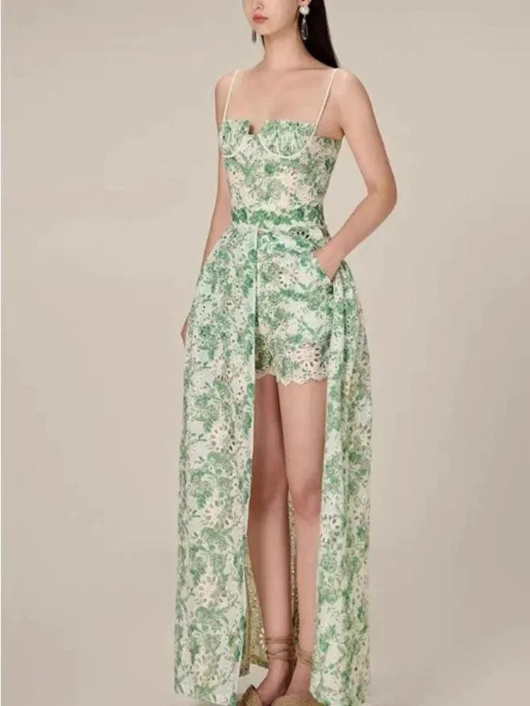 Green Embroidered Suspended Dress-Short Outfit Set -Guocali