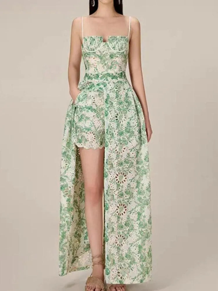 Green Embroidered Suspended Dress-Short Outfit Set -Guocali