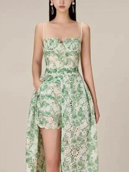 Green Embroidered Suspended Dress-Short Outfit Set -Guocali