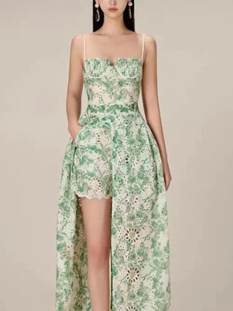 Green Embroidered Suspended Dress-Short Outfit Set -Guocali