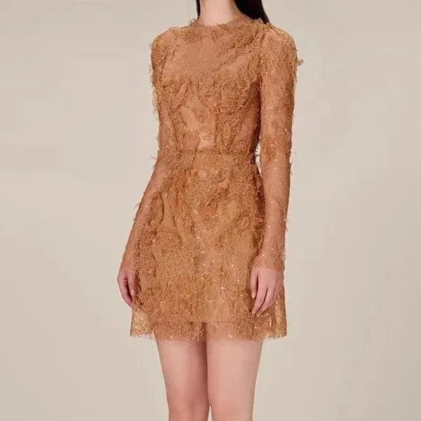 Golden-brown long-sleeve lace mini dress with a fringed hem fashion image