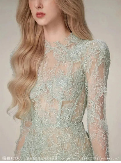 Green Lace Bodycon Long-Sleeve Party Dress -Guocali