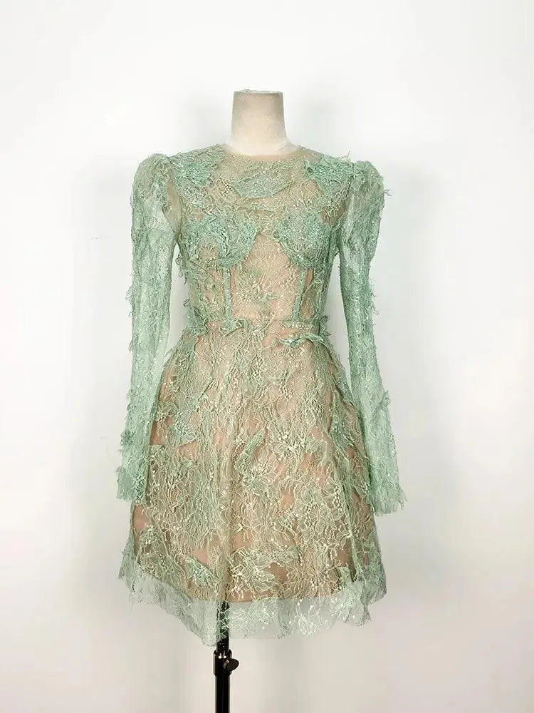 Green Lace Bodycon Long-Sleeve Party Dress -Guocali