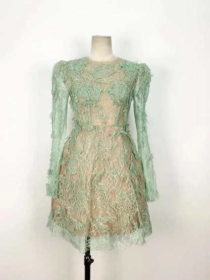 Green Lace Bodycon Long-Sleeve Party Dress -Guocali