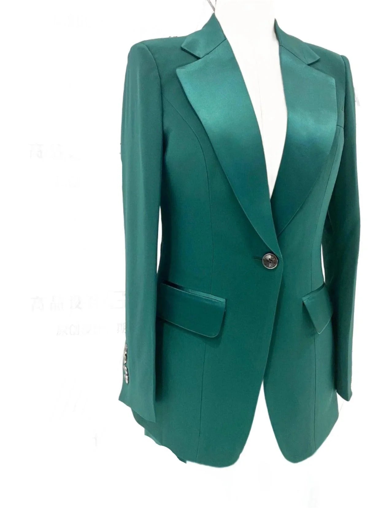 Green Silk Satin Women Pant Suit - Lapel Collar Trouser Suit -Guocali