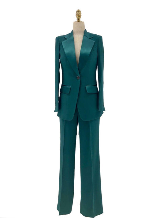 Green Silk Satin Women Pant Suit - Lapel Collar Trouser Suit - Pantsuit - Guocali