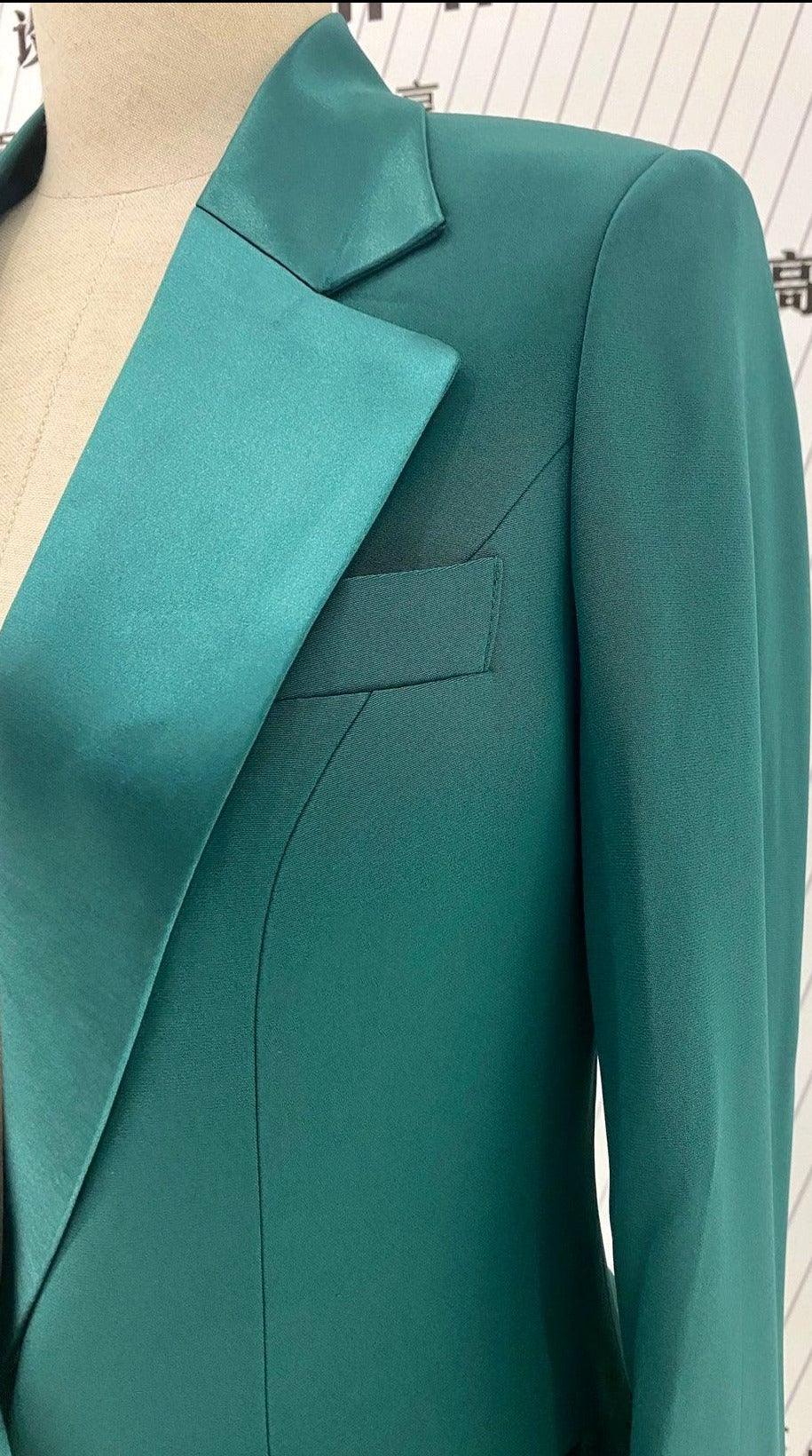 Green Silk Satin Women Pant Suit - Lapel Collar Trouser Suit - Pantsuit - Guocali