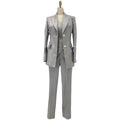 Grey three-piece women's pantsuit with blazer, vest, and trousers on mannequin