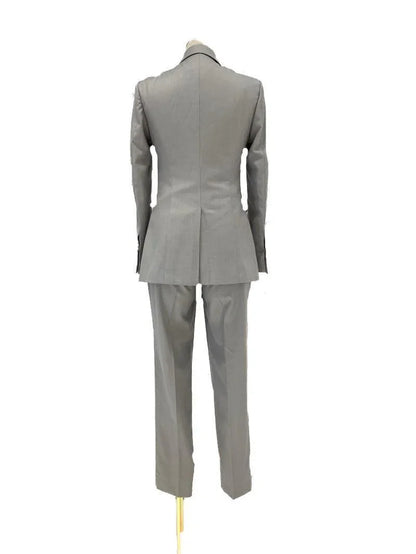 Back view of grey women's three-piece pantsuit with blazer and trousers on mannequin