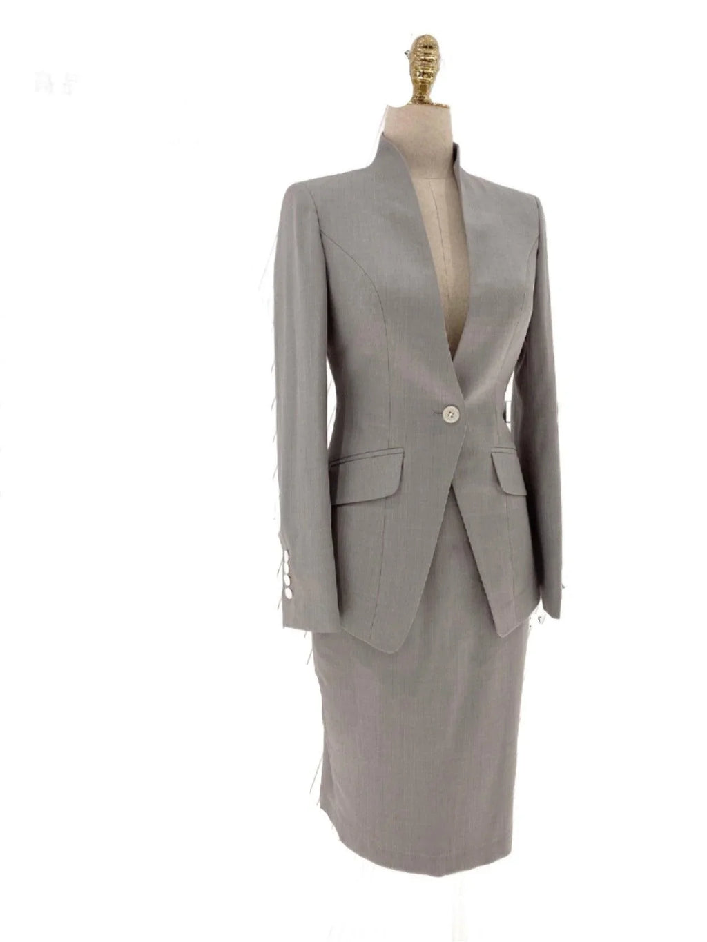 Grey Skirt Suit - Women Formal Suit - Stand Up Collar -Guocali