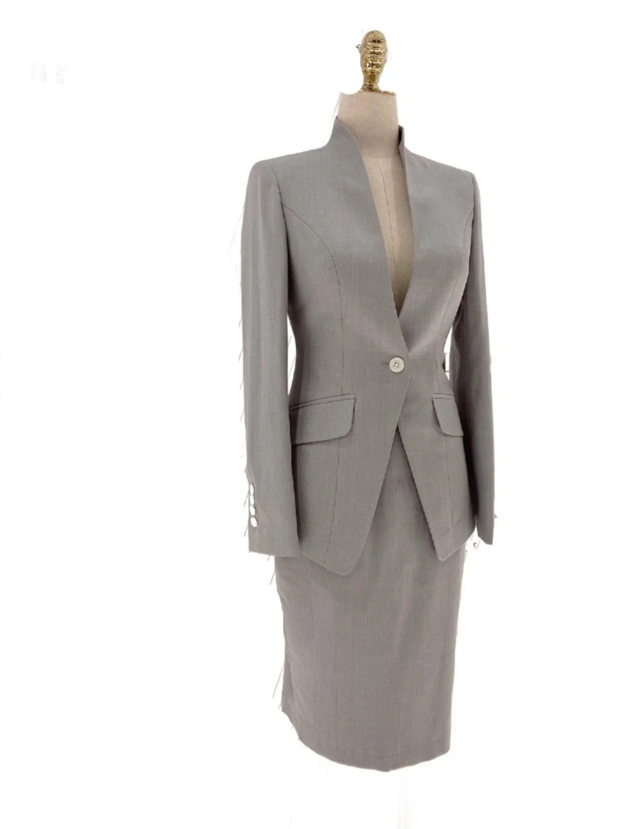Grey Skirt Suit - Women Formal Suit - Stand Up Collar -Guocali
