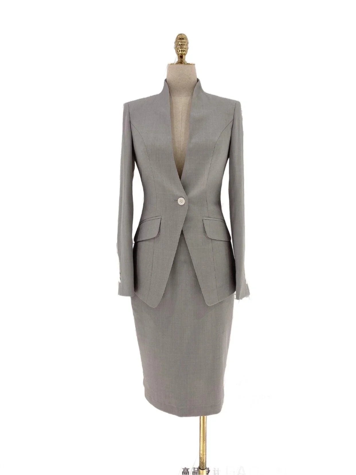 Grey Skirt Suit - Women Formal Suit - Stand Up Collar -Guocali