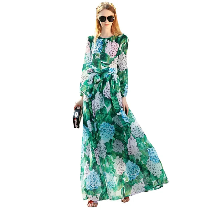 High-Quality Long-Sleeved Printed Maxi Dress – Elegant Floral Dress -Guocali