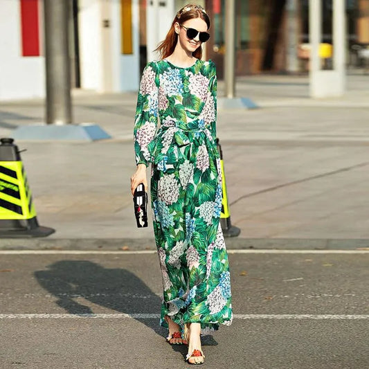 High-Quality Long-Sleeved Printed Maxi Dress – Elegant Floral Dress -Guocali
