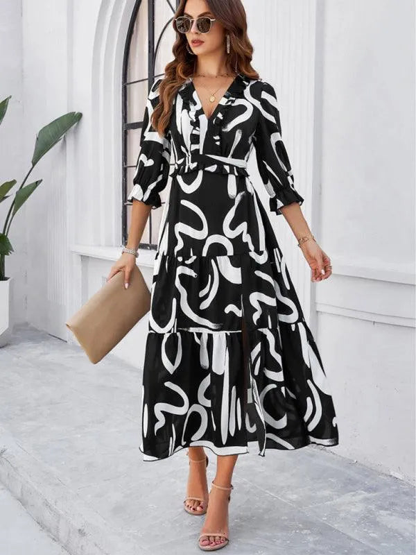 Holiday Casual Printed V-Neck Slit Dress -Guocali